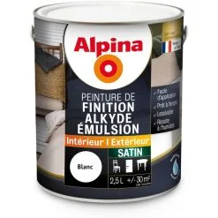 Alpina Peinture Alkyde En Emulsion Bois & Multisupports - Intérieur & Extérieur - Satin - 2,5L | Finition: Satinée - Couleur: Blanc - Blanc